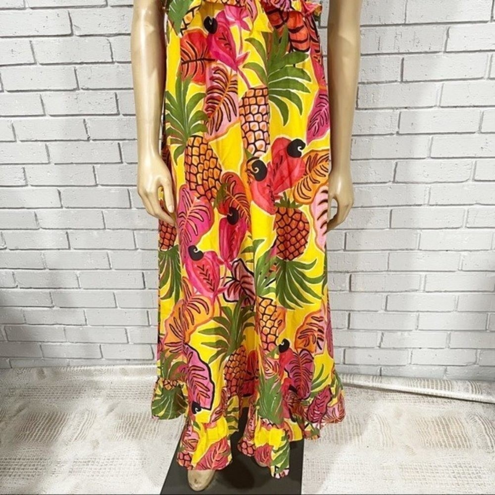 Farm Rio Yellow Tropical Pineapple Parrot Smocked Maxi Dress | Size Small - Picture 11 of 16